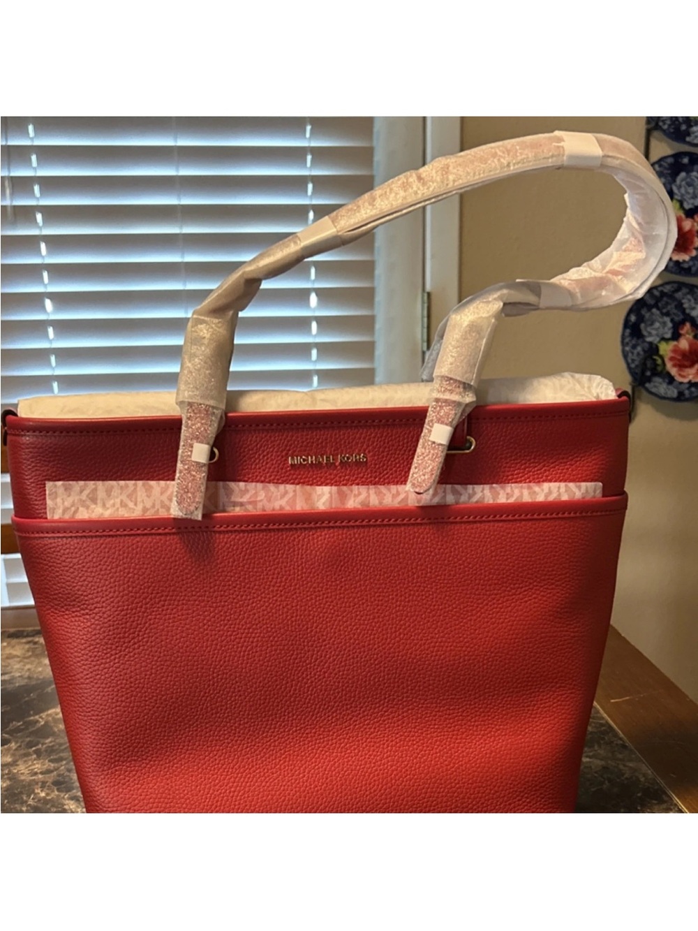 Michael Kors Red Pebbled Leather Tote with Front Pocket